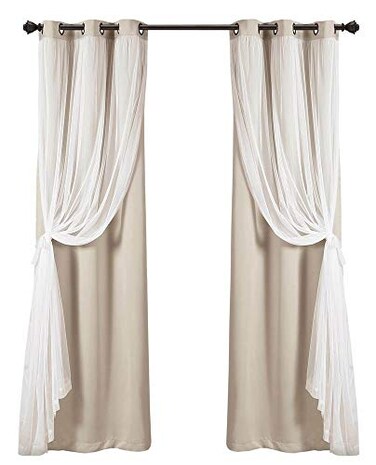 Lush Decor Sheer Grommet Curtains With Insulated Blackout Lining Window Curtain Panels Pair 38W x 120L Wheat Curtain With Sheer Overlay Elegant Blackout Curtains for Bedroom