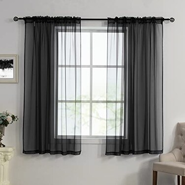 HUTO Black Sheer Curtains 45 Inch Length for Small Window Rod Pocket Sheer Drapes Panels for Kitchen Bathroom2 Panels 52 by 45 Inches Long