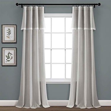 Lush Decor Linen Lace Window Curtain Panel Pair 84 x 38 Light Gray