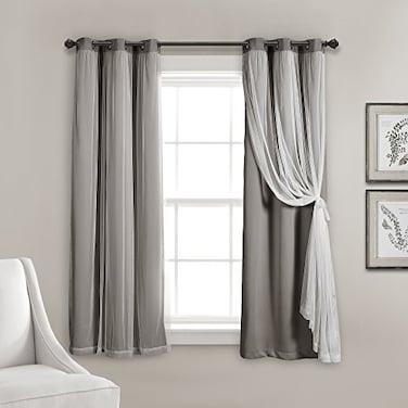 Lush Decor Sheer Grommet Curtains With Insulated Blackout Lining Window Curtain Panels Pair 38W x 63L Dark Gray Curtain With Sheer Overlay Elegant Blackout Curtains for Bedroom