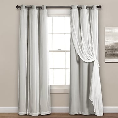 Lush Decor Sheer Grommet Curtains With Insulated Blackout Lining Window Curtain Panels Pair 38W x 84L Light Gray Curtain With Sheer Overlay Elegant Blackout Curtains for Bedroom