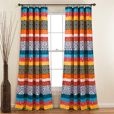 Lush Decor Boho Stripe Window Curtain Bohemian Geomatric Floral Design Panel Pair 52 W x 84 L Turquoise Tangerine