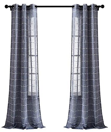 Lush Decor Farmhouse Textured Grommet Sheer Window Curtain Panel Pair 38W x 84L Navy