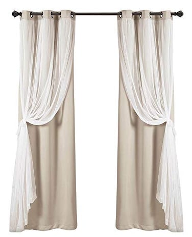 Lush Decor Sheer Grommet Curtains With Insulated Blackout Lining Window Curtain Panels Pair 38W x 108L Wheat Curtain With Sheer Overlay Elegant Blackout Curtains for Bedroom