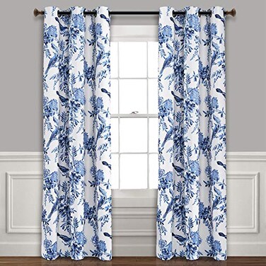 Lush Decor Farmhouse Bird and Flower Insulated Grommet Blackout Window Curtain Panel Pair 84 x 38 White and Blue
