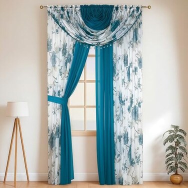 YHSF Sheer Curtains Laura Collection 4 Panel Set 84 Inches Long Elegant Curtains for Bedroom More Valances with Beads 2 tiebacks 55 x 84 Easy Install Multicolor Turquoise Blossom