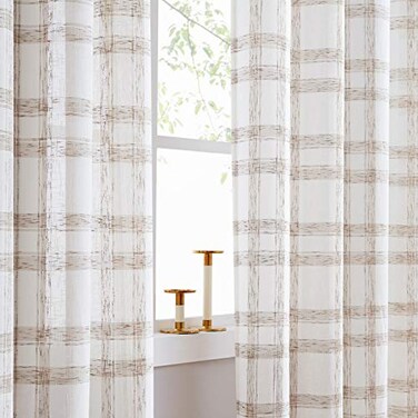 Randall Brown White Light Filtering Drapes 54 Inch Long with Nickel GrommetSemiSheer LinenLook Plaid Curtains with Soft TouchHeavy Rustic Farmhouse Style for Living Room54x54 2 Panels