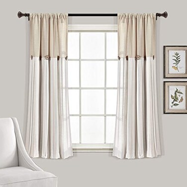 Lush Decor Linen Button Farmhouse Curtains Single Panel Pleated Two Tone Design 40W x 63L Linen
