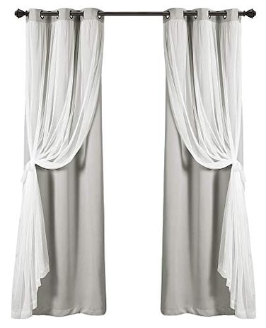 Lush Decor Sheer Grommet Curtains With Insulated Blackout Lining Window Curtain Panels Pair 38W x 95L Light Gray Curtain With Sheer Overlay Elegant Blackout Curtains for Bedroom