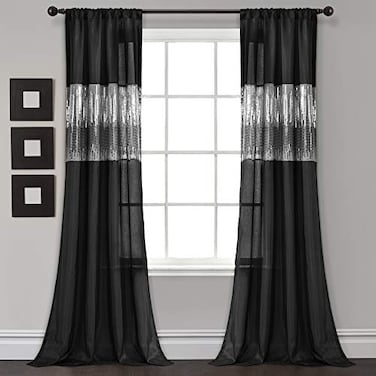 Lush Decor Night Sky Window Curtain Panel Single 42W x 84L Black Sequin Backdrop Curtain Room Darkening Curtains For Bedroom Glam Decor