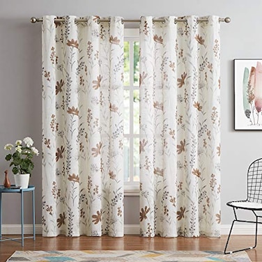 July Joy Printed Sheer Curtains Linen Textured for Living Room Floral Leaf Design Farmhouse Style Window Panel Drapes Set Grommet Treatment for Bedroom Dining 52 x 96 inch Brown