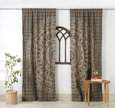 Popular Handicrafts Indian Hippie Bohemian Beautiful Elephant Color Mandala Curtain Panels Black Gold