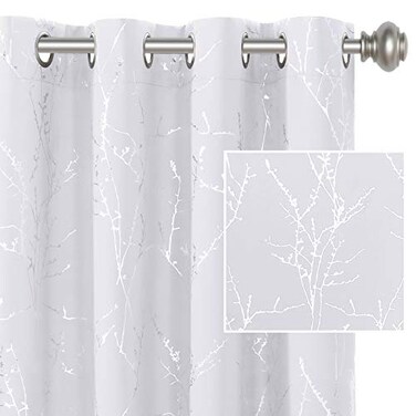 H.VERSAILTEX HVERSAILTEX White Curtains for Bedroom Foil Print Twig Tree Branch Thermal Insulated Grommet Curtain Drapes Light Blocking Thick Soft Window Curtains for Living 52 x 96 Inch 2 Panels Pure