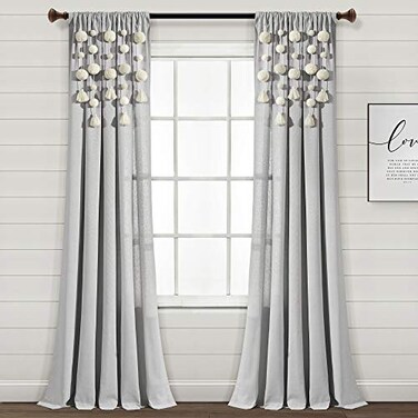 Lush Decor Boho Pom Pom Tassel Linen Textured Window Curtain Panel Single 52 W x 84 L Light Gray