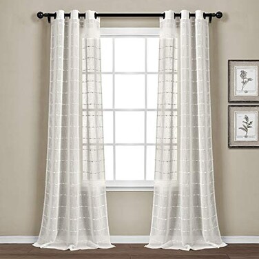 Lush Decor Farmhouse Textured Grommet Sheer Window Curtain Panel Pair 38W x 95L White