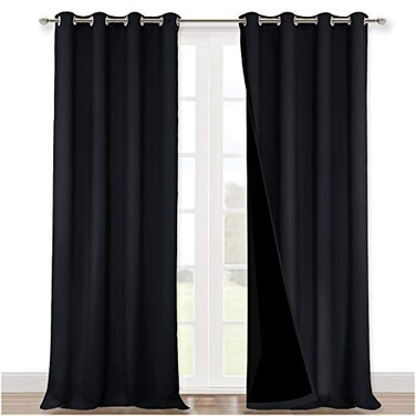NICETOWN Extra Long Truly Blackout Drapes for Hall and Villa 100 Blackout Window Curtain Panels with Black Lined for Night Shift Worker 52inch Width Each Panel 108inch Length Black 2 Pieces
