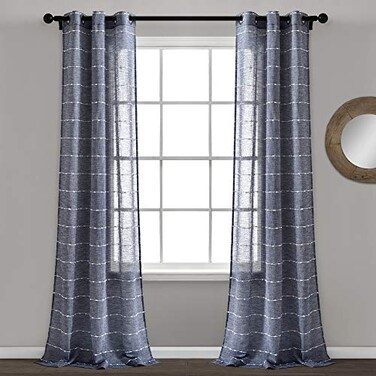 Lush Decor Farmhouse Textured Grommet Sheer Window Curtain Panel Pair 38W x 95L Navy