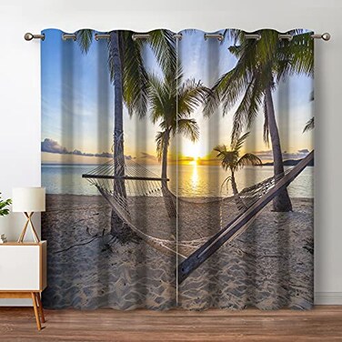 Jekeno Ocean Beach Palm Trees Blackout Curtains Sea Sky Sunshine Seascape Decor for Home Bedroom Living Room Grommet Window Drapes 2 Panel Set 52x84