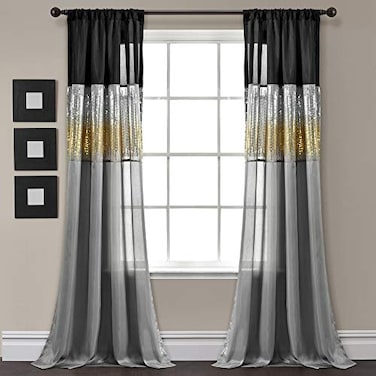 Lush Decor Night Sky Window Curtain Panel Single 42W x 84L Black Gold Sequin Backdrop Curtain Room Darkening Curtains For Bedroom Glam Decor