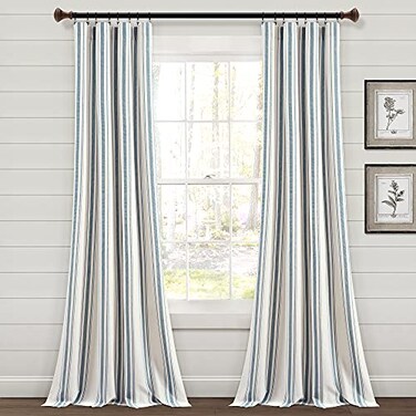 Lush Decor Farmhouse Stripe Yarn Dyed Cotton Window Curtain Panel Pair 42 W x 84 L Blue Classic Modern Rustic Charm Eco Friendly Cotton Fabric Rod Pocket Farmhouse stripe