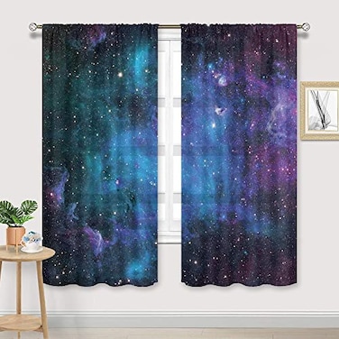 Cinbloo Kids Outer Space Sheer Galaxy Curtains Rod Pocket 41W x 62L Inch Universe Blue Planet Nebula Fantasy Starry Sky Star Boys Bedroom Decor Living Room Thin Window Drapes Fabric 2 Panels