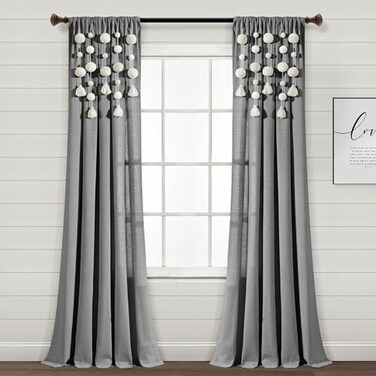 Lush Decor Boho Pom Pom Tassel Linen Textured Window Curtain Panel Single 52 W x 95 L Gray