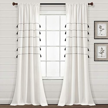 Lush Decor Farmhouse Boho Stripe Woven Tassel Yarn Dyed Cotton Blend Window Curtain Panels Pair 42 W x 95 L Ivory Black Striped Living Room Curtains