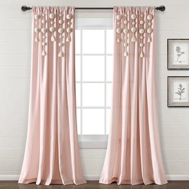 Lush Decor Boho Pom Pom Tassel Linen Textured Window Curtain Panel Single 52 W x 95 L Blush