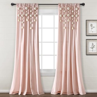 Lush Decor Boho Pom Pom Tassel Linen Textured Window Curtain Panel Single 52 W x 84 L Blush