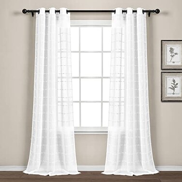 Lush Decor Farmhouse Textured Grommet Sheer Window Curtain Panel Pair 38W x 108L Bleach White