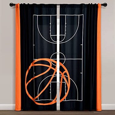 Lush Decor Basketball Game Window Curtain Panel Set Pair 52 W x 84 L Black Orange Kids Sports Themed Curtains
