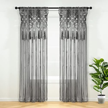 Lush Decor Boho Macrame Tassel Cotton Window Curtain Panel Single 40 W x 84 L Gray Macrame Curtains for Windows Room Divider Boho Wall Decor