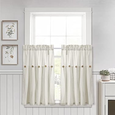 Lush Decor Linen Button Farmhouse Kitchen Curtains Tier Set 29W x 36L Off White Linen Cafe Curtains Farmhouse Modern Farmhouse Decor