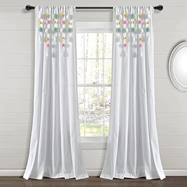 Lush Decor Boho Pom Pom Tassel Linen Textured Window Curtain Panel Single 52 W x 84 L Aqua Pink