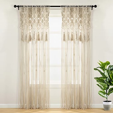 Lush Decor Boho Macrame Tassel Cotton Window Curtain Panel Single 40 W x 84 L Neutral Macrame Curtains for Windows Room Divider Boho Wall Decor