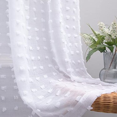 KOUFALL White Sheer Curtains 96 Inches Long for Living Room with Pattern Boho Design Pom Pom Back Tab Ceiling to Floor Length Curtain for Large Bay Window 8 FT