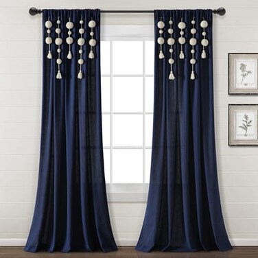 Lush Decor Boho Pom Pom Tassel Linen Textured Window Curtain Panel Single 52 W x 84 L Navy