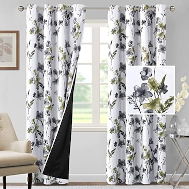 H.VERSAILTEX HVERSAILTEX 100 Blackout Curtains 84 inch Length 2 Panels Set Cattleya Floral Printed Drapes Leah Floral Thermal Curtains for Bedroom with Black Liner Sound Proof Curtains Grey and Olive