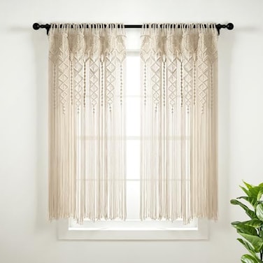 Lush Decor Boho Macrame Textured Cotton Window Curtain Panel Single 40 W x 63 L Neutral Macrame Curtains for Windows Room Divider Boho Wall Decor