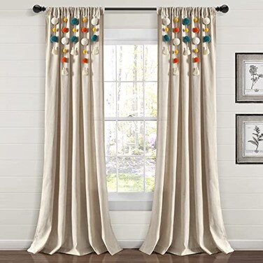 Lush Decor Boho Pom Pom Tassel Linen Textured Window Curtain Panel Single 52 W x 84 L Turquoise Orange