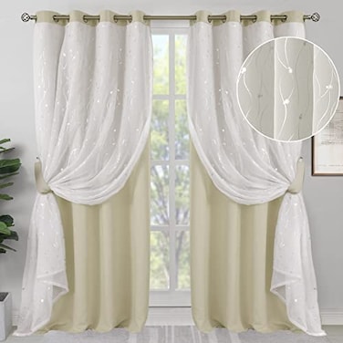 BGment Room Darkening Curtains with Sheer Overlay Silver Printed Tulle Double Layer Curtains for Living Room Grommet Thermal Insulated Window Curtains for Bedroom 2 Panels Each 52 x 84 Inch Beige