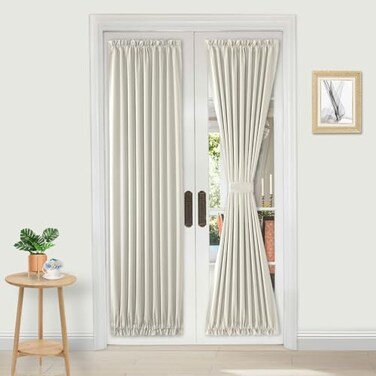DWCN French Door Curtains Rod Pocket Thermal Blackout Curtain for Doors with Glass Window Kitchen and Patio Doors for Privacy 25 X 72 Inches Long 1 Curtain Panel with Tieback Ivory