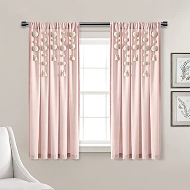 Lush Decor Boho Pom Pom Tassel Linen Textured Window Curtain Panel Single 52 W x 63 L Blush