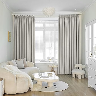 MAIHER 84 W x 84 L Full Blackout Pinch Pleat Curtain Linen Textured Curtain with Hooks Tieback Sound Proof Energy Saving Pleated Drape for Traverse Rod and Track Greyish Beige 1 Panel