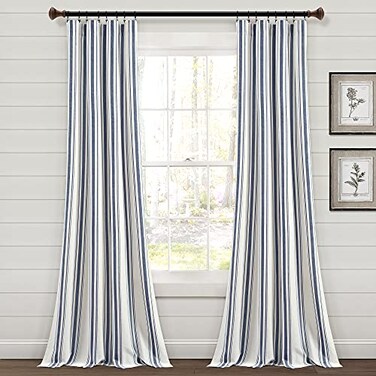 Lush Decor Farmhouse Stripe Yarn Dyed EcoFriendly Recycled Cotton Window Curtain Panel Pair 42 W x 108 L Navy Classic Modern Rustic Charm Eco Friendly Cotton Fabric