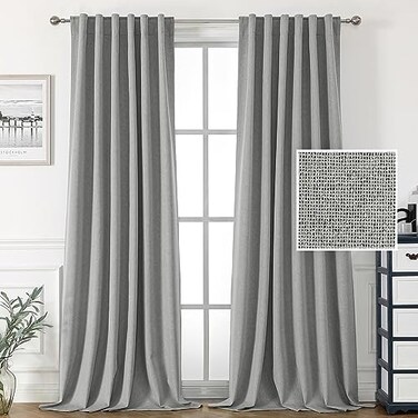 H.VERSAILTEX HVERSAILTEX 100 Blackout Linen Look Curtains for Bedroom 84 inch Light Blocking Drapes with Double Face Linen Back Tab Loop Pocket Textured Burlap Curtains for Living Room 2 Panels Heathe