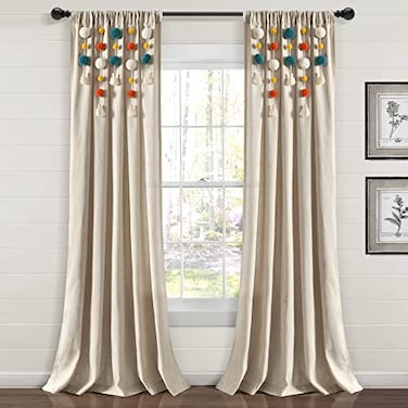 Lush Decor Boho Pom Pom Tassel Linen Textured Window Curtain Panel Single 52 W x 95 L Turquoise Orange