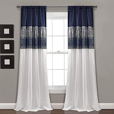 Lush Decor Night Sky Window Curtain Panel Single 42W x 95L Navy White Sequin Backdrop Curtain Room Darkening Curtains For Bedroom Glam Decor
