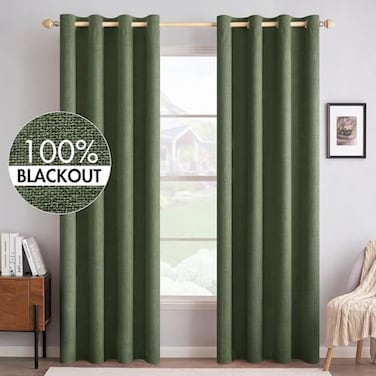 MIULEE 100 Blackout Linen Textured Curtains for Bedroom Solid Thermal Insulated Olive Green Grommet Room Darkening Curtains Drapes Luxury Decor for Living Room 52 x 84 Inch 2 Panels