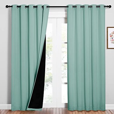 NICETOWN 100 Blackout Window Curtain Panels Cold and Full Light Blocking Drapes with Black Liner for Nursery 84 inches Drop Thermal Insulated Draperies Aqua Blue 2 PCs 62 Wide Each Panel